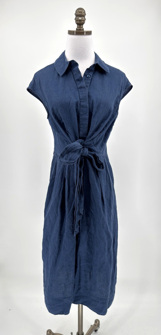 Hobbs Blue Woven Linen Cap Sleeve Tie Front Button Down Dress Sz US 8